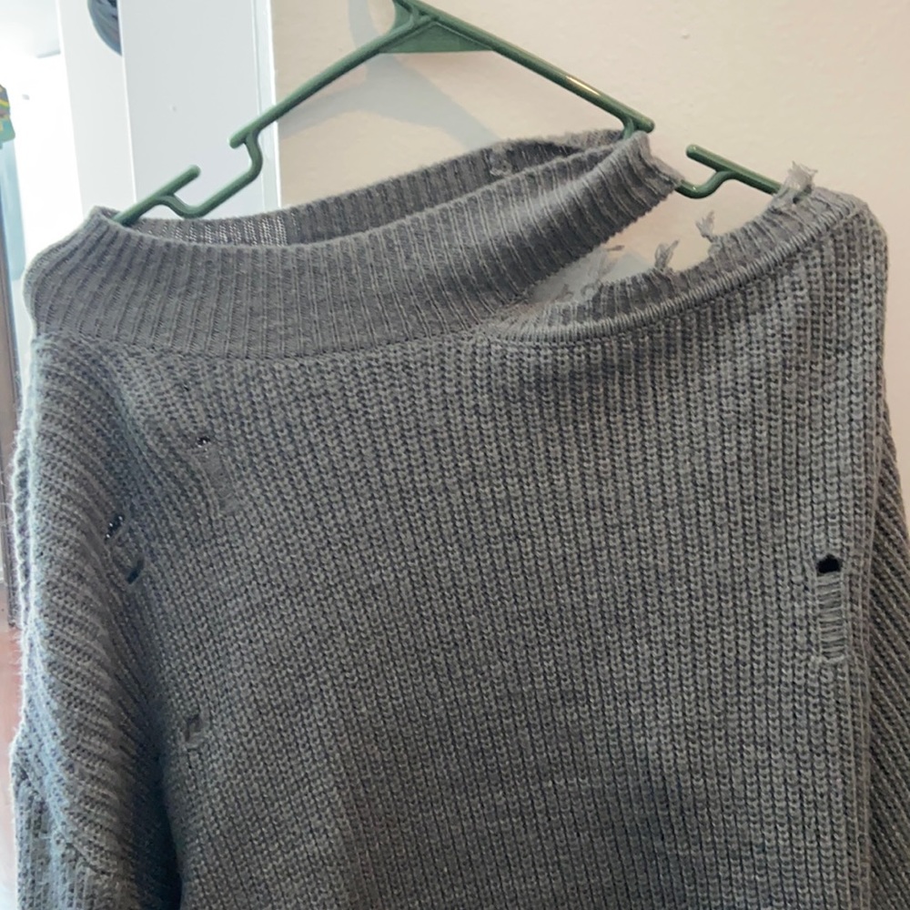 Gray Off the Shoulder Fringed/Ripped Sweater